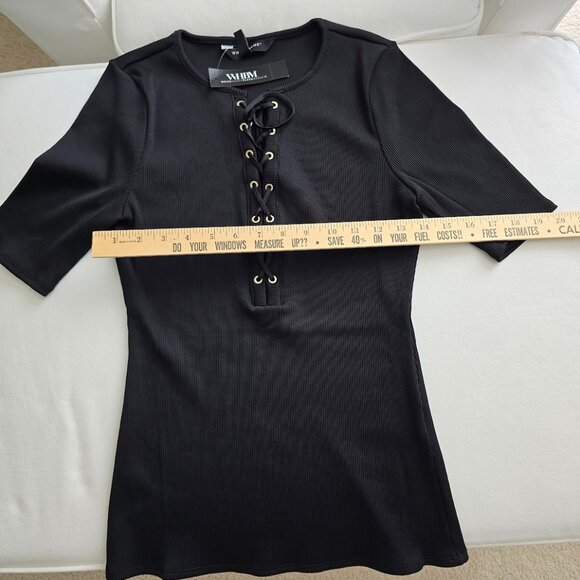 WHBM FORME Short Sleeve Lace Up Criss Cross Black Ribbed Top Size Medium NWT - Picture 10 of 12